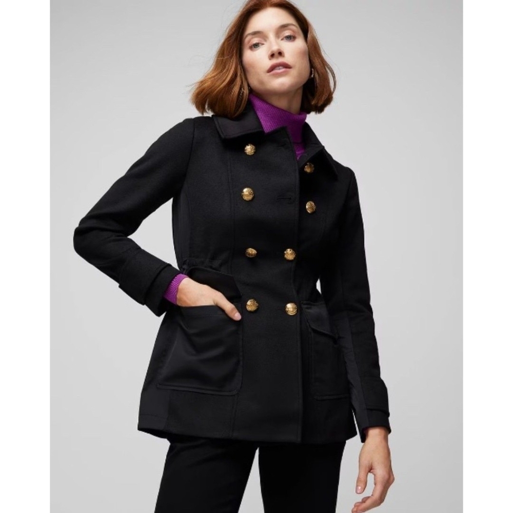 White House Black Market Black Pea Coat with Gold Buttons